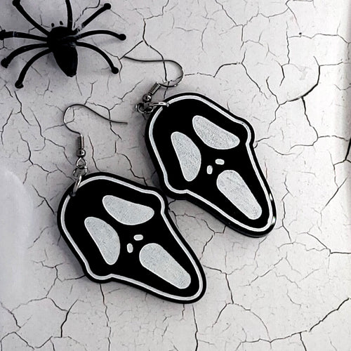 Black and white screaming ghost mask drop earrings