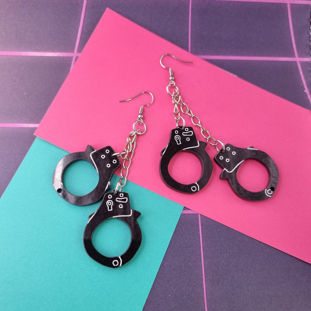 Handcuff drop earrings with two cuffs on silver-tone chain, view 2
