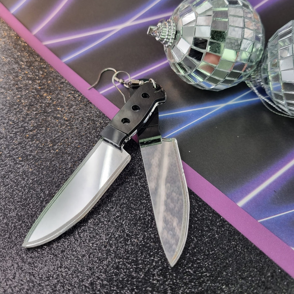Knife earrings with silver mirror blades and black handles, view 2