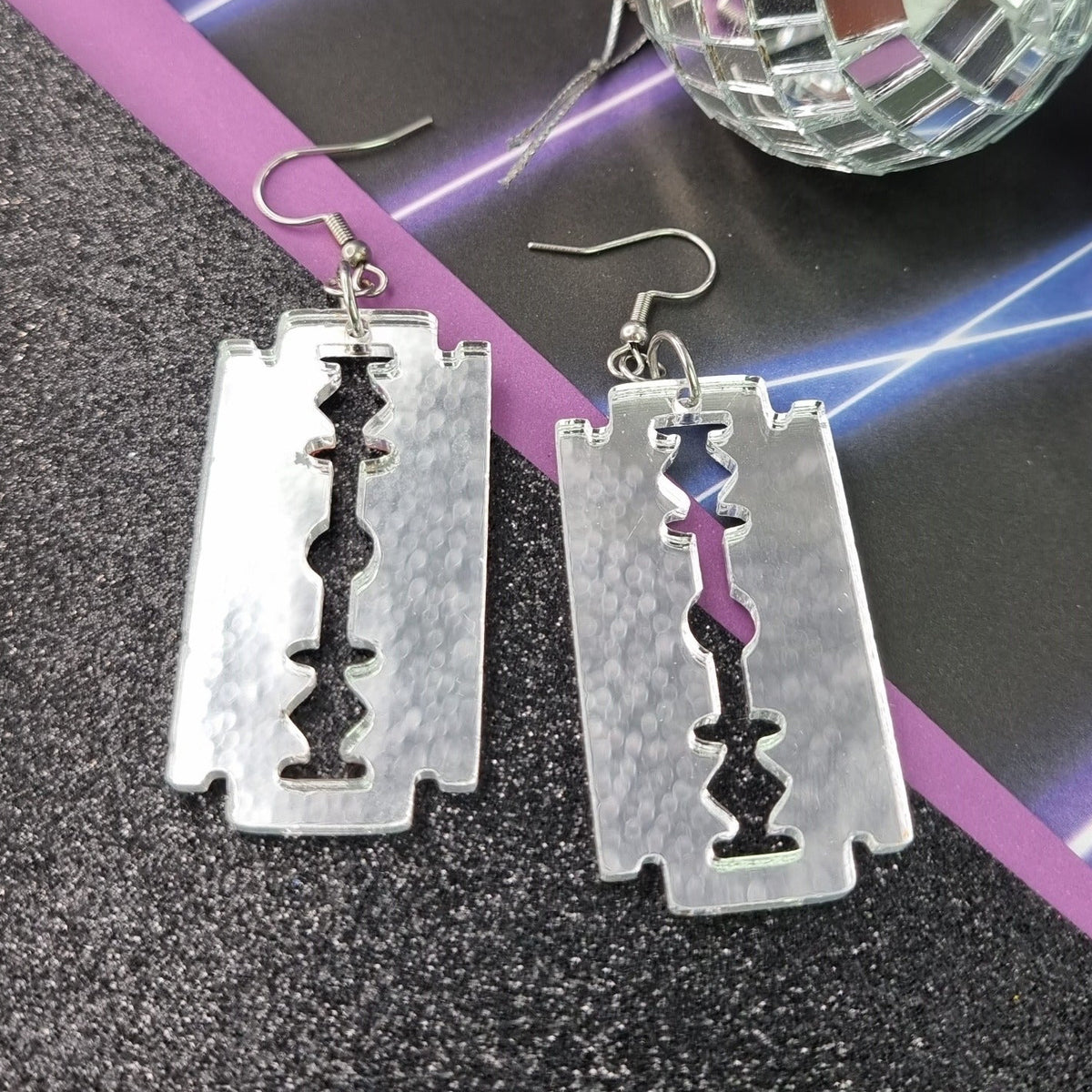Silver mirror razor blade drop earrings