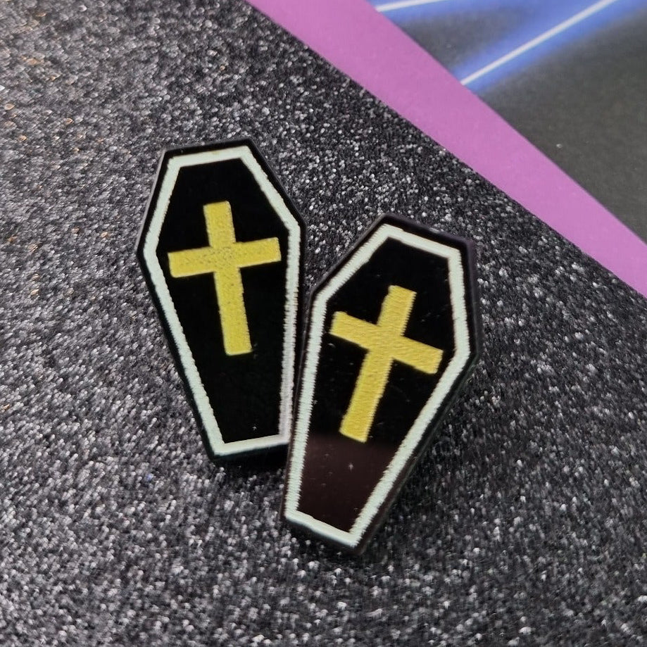 Small black coffin stud earrings with gold cross, view 2