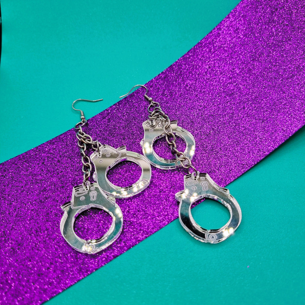 Handcuff drop earrings with two cuffs on silver-tone chain, view 3