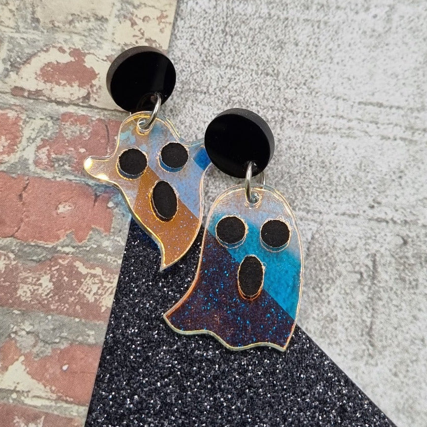 Little ghost drop earrings on round black studs, view 5