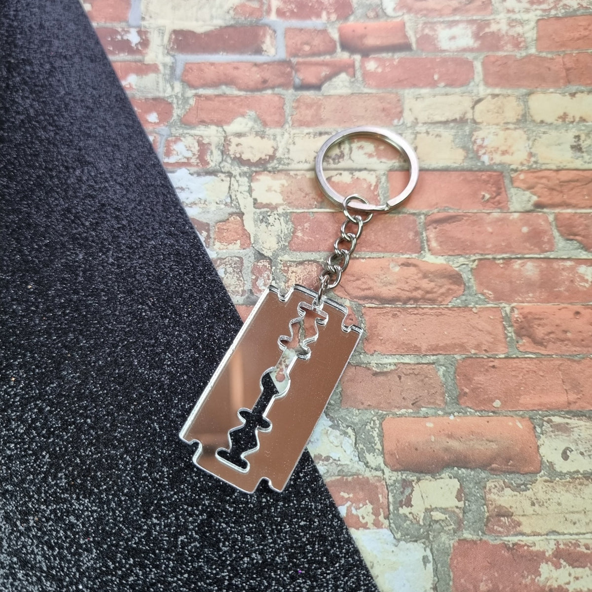 Silver mirror acrylic razor blade keyring
