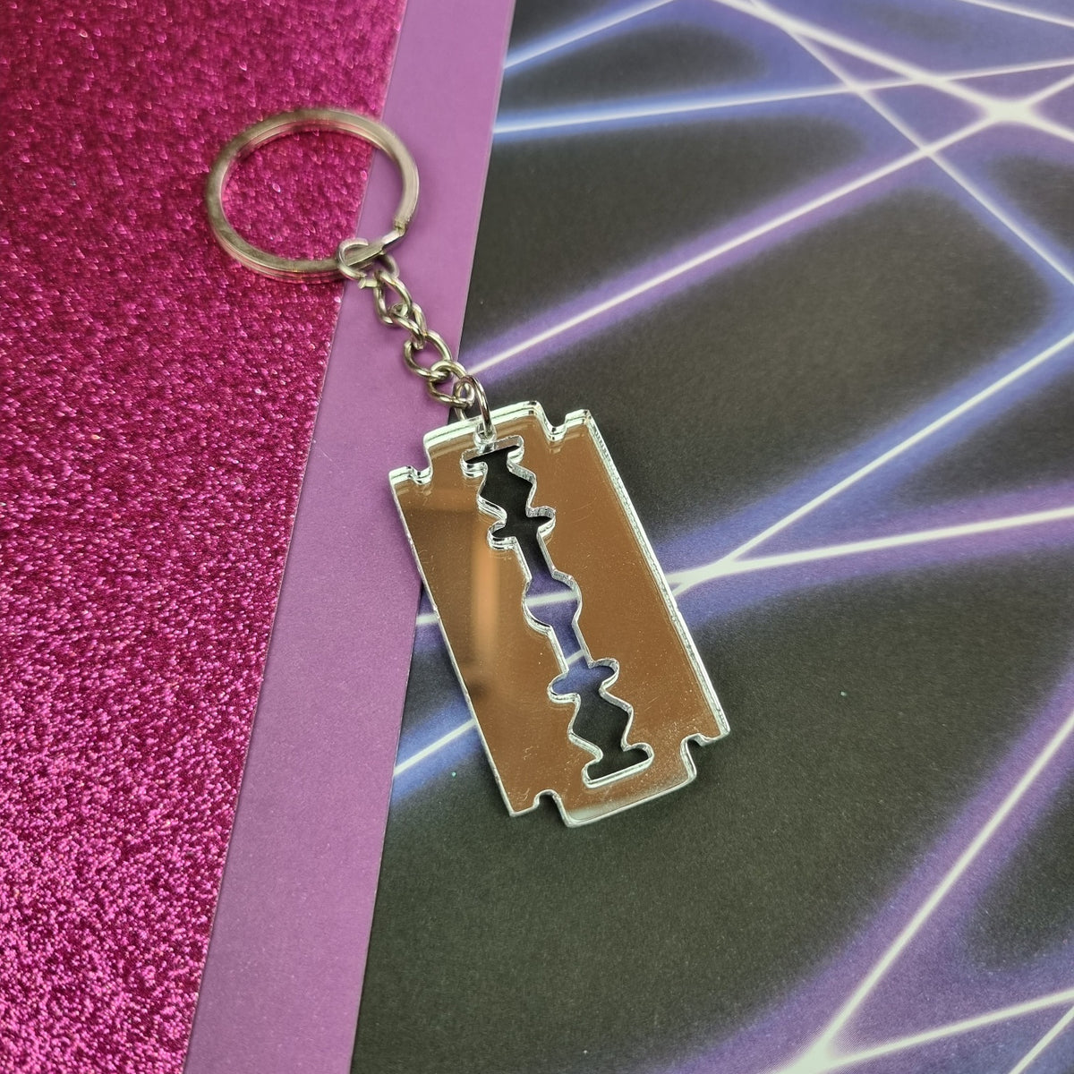 Silver mirror acrylic razor blade keyring, view 2