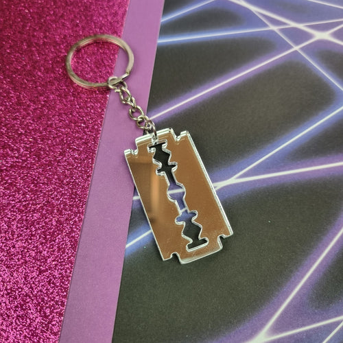Silver mirror acrylic razor blade keyring, view 2