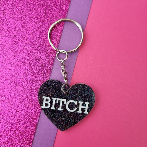Heart keyring with white BITCH lettering, view 2