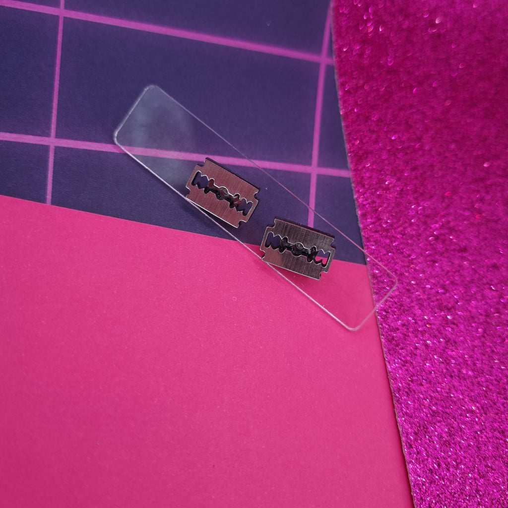 Small silver-tone razor blade stud earrings, view 2