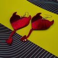 Red mirror heart earrings with devil horns and pointed tail