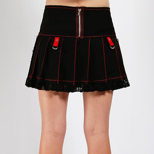 Black Tripp NYC pleated mini skirt with red stitching, red eyelet straps and lace hem
