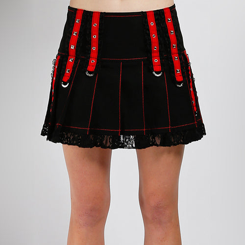 Black Tripp NYC pleated mini skirt with red stitching, red eyelet straps and lace hem