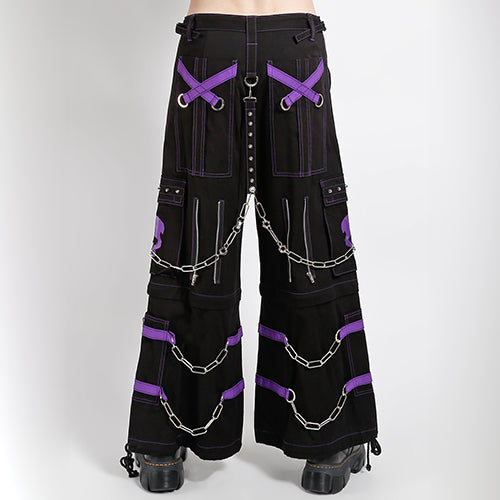 Black Tripp NYC zip-off pants with purple straps, purple skull print and chains