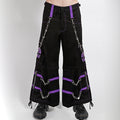 Black Tripp NYC zip-off pants with purple straps, purple skull print and chains