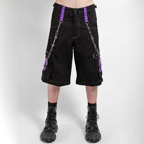 Black Tripp NYC zip-off pants with purple straps, purple skull print and chains