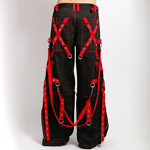 Black and red Tripp NYC X-strap zip-off pants