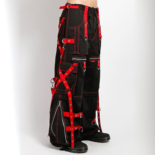 Black and red Tripp NYC X-strap zip-off pants