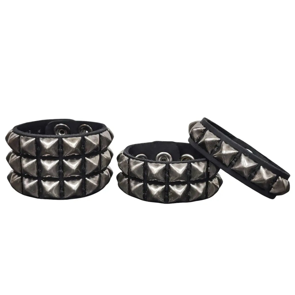 Antique Silver Pyramid Snap Bracelet, one two and three row variants shown together
