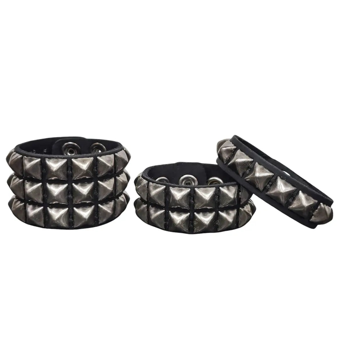 Antique Silver Pyramid Snap Bracelet, one two and three row variants shown together