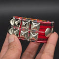 Plaid Two Row Pyramid Studded Cuff, red tartan with chrome studs