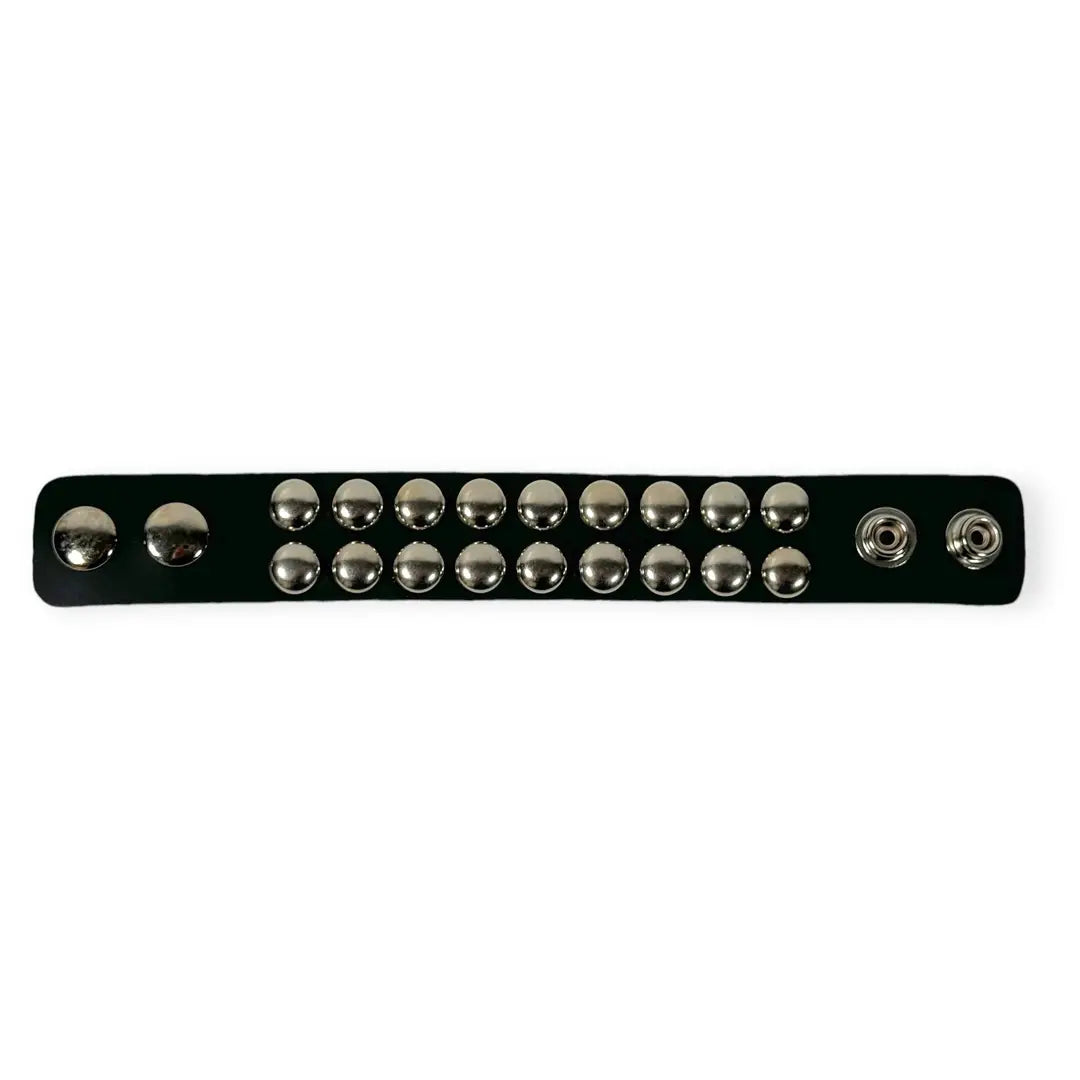 Large Round Conical Studded Bracelet, two rows of chrome dome studs on black leather