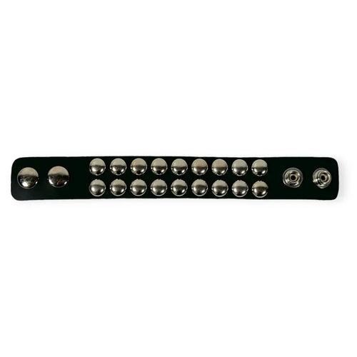 Large Round Conical Studded Bracelet, two rows of chrome dome studs on black leather