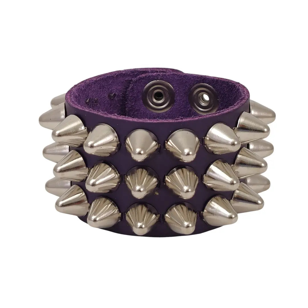 Italian Leather Three Row UK77 Cone Studded Bracelet, purple with silver cones
