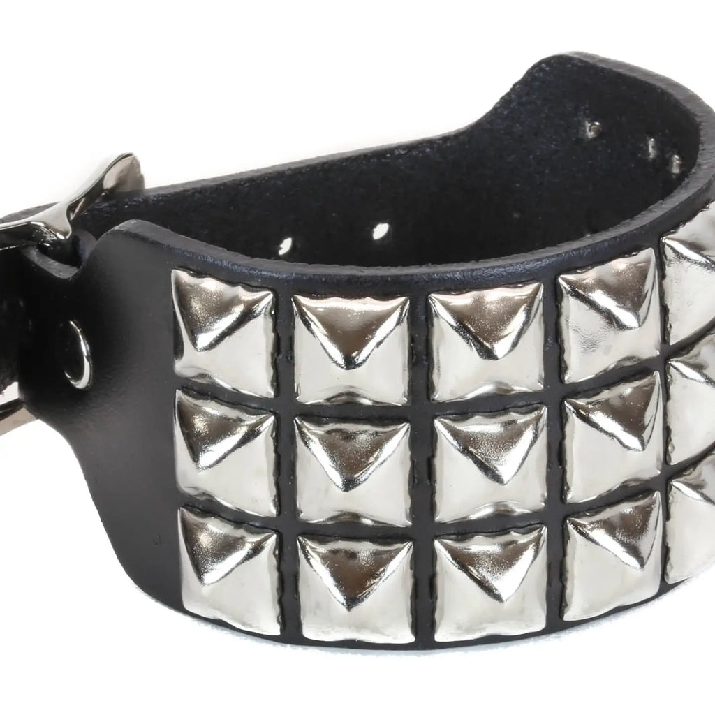Three Row Pyramid Buckle Bracelet, chrome pyramids on black leather
