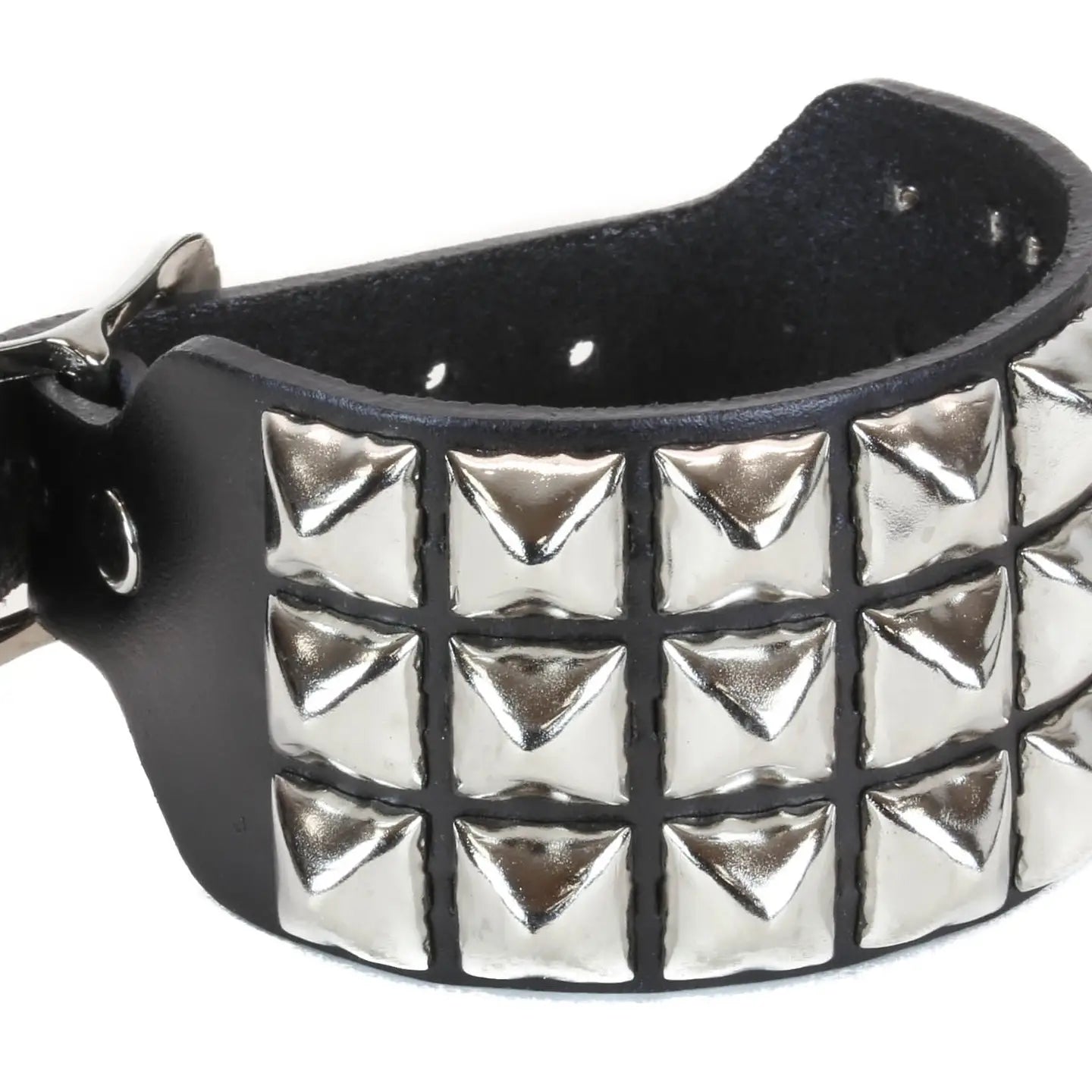 Three Row Pyramid Buckle Bracelet, chrome pyramids on black leather