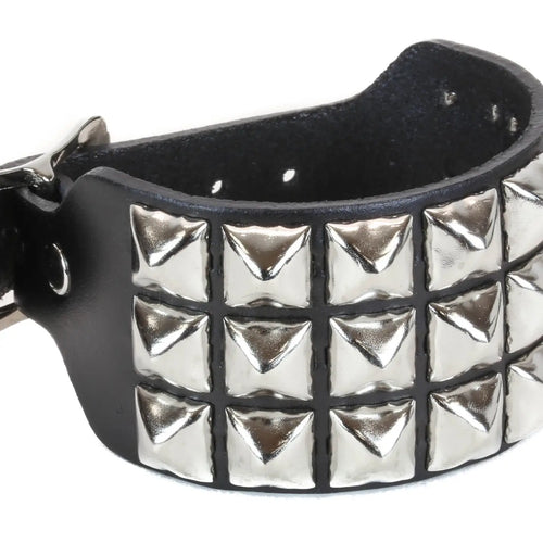 Three Row Pyramid Buckle Bracelet, chrome pyramids on black leather