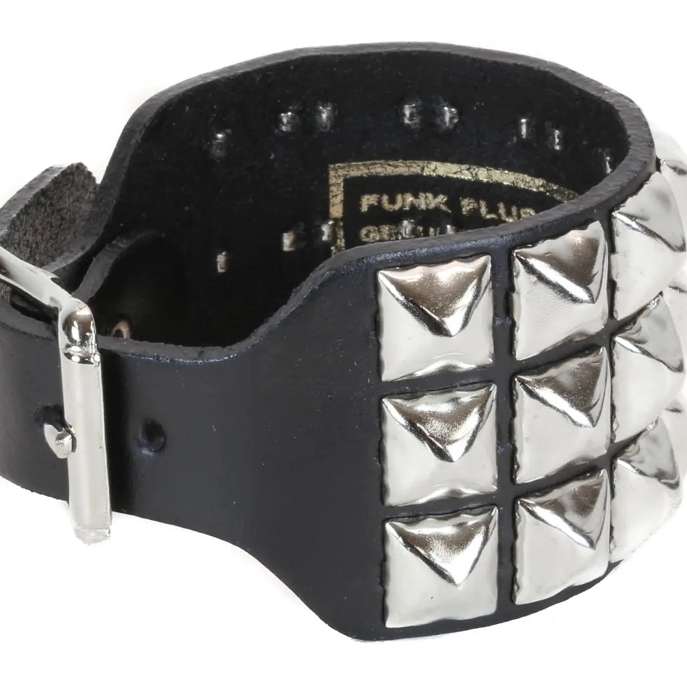 Three Row Pyramid Buckle Bracelet, interior with Funk Plus branding
