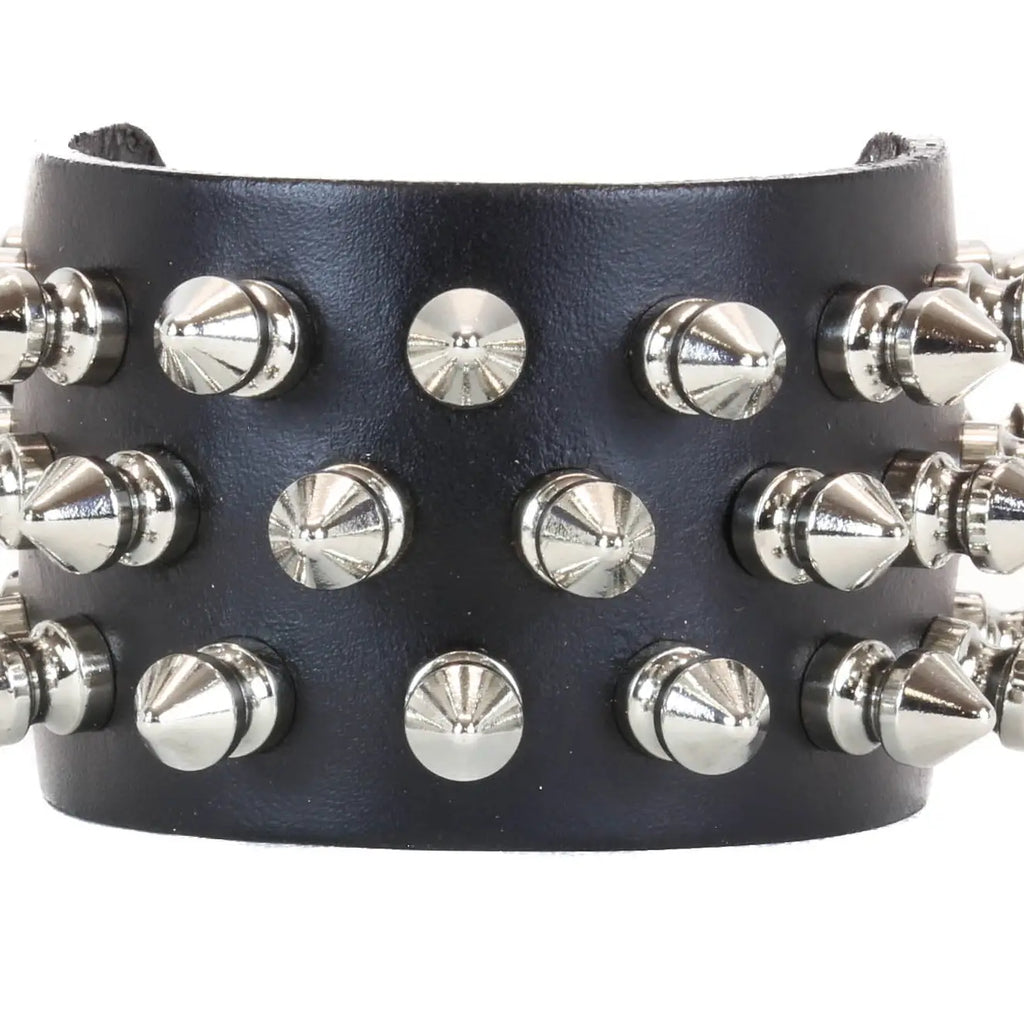 Three Row Tree Spike Buckle Bracelet, front detail of chrome spikes