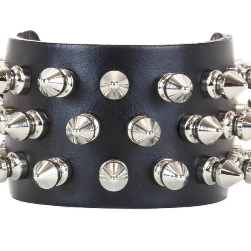 Three Row Tree Spike Buckle Bracelet, front detail of chrome spikes