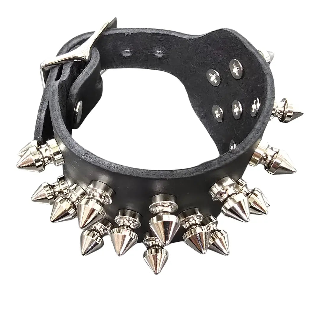 Three Row Tree Spike Buckle Bracelet, side profile of spikes