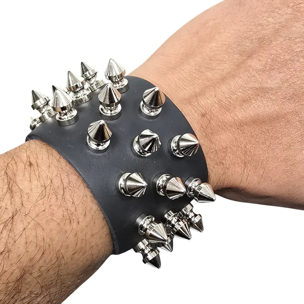 Three Row Tree Spike Buckle Bracelet, worn on wrist showing scale