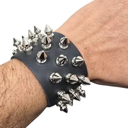 Three Row Tree Spike Buckle Bracelet, worn on wrist showing scale