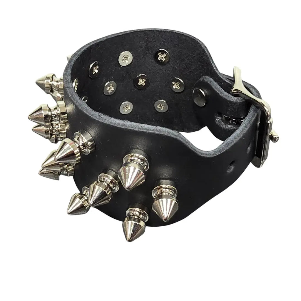 Three Row Tree Spike Buckle Bracelet, side angle showing spike depth