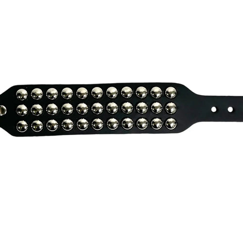 Three Row Round Studded Buckle Cuff, flat view showing three rows of chrome dome studs