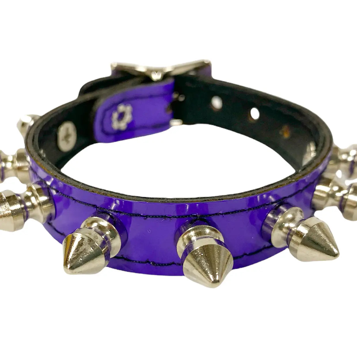 Half Inch Spike Patent Bracelet, bright purple patent with silver cone spikes