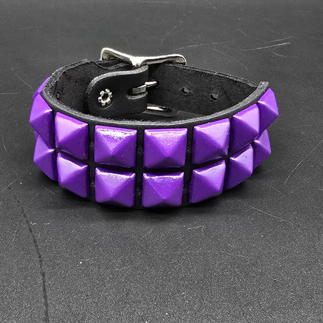 Two Row Pyramid Buckle Bracelet, matte purple pyramids on black leather