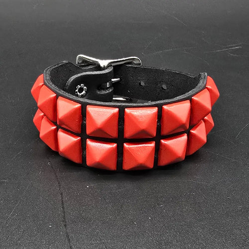 Two Row Pyramid Buckle Bracelet, red pyramids on black leather