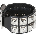 Two Row Pyramid Buckle Bracelet, silver pyramids on black leather
