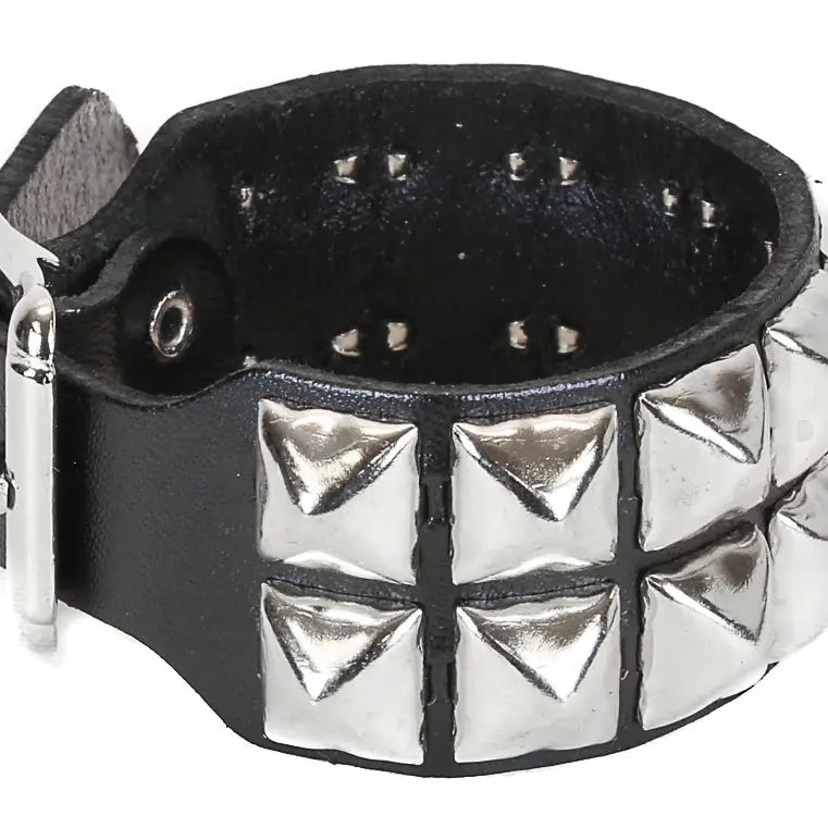 Two Row Pyramid Buckle Bracelet, silver pyramids on black leather