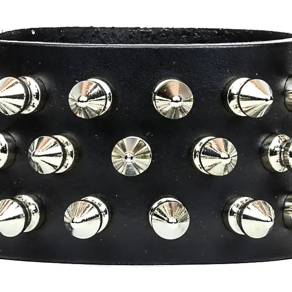 Three Row Spike Snap Bracelet, front view of chrome cone spikes