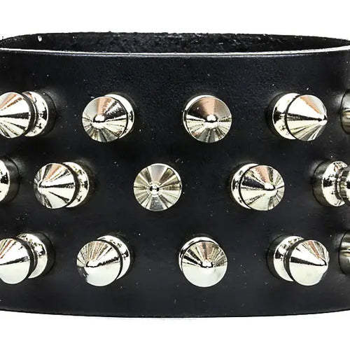 Three Row Spike Snap Bracelet, front view of chrome cone spikes