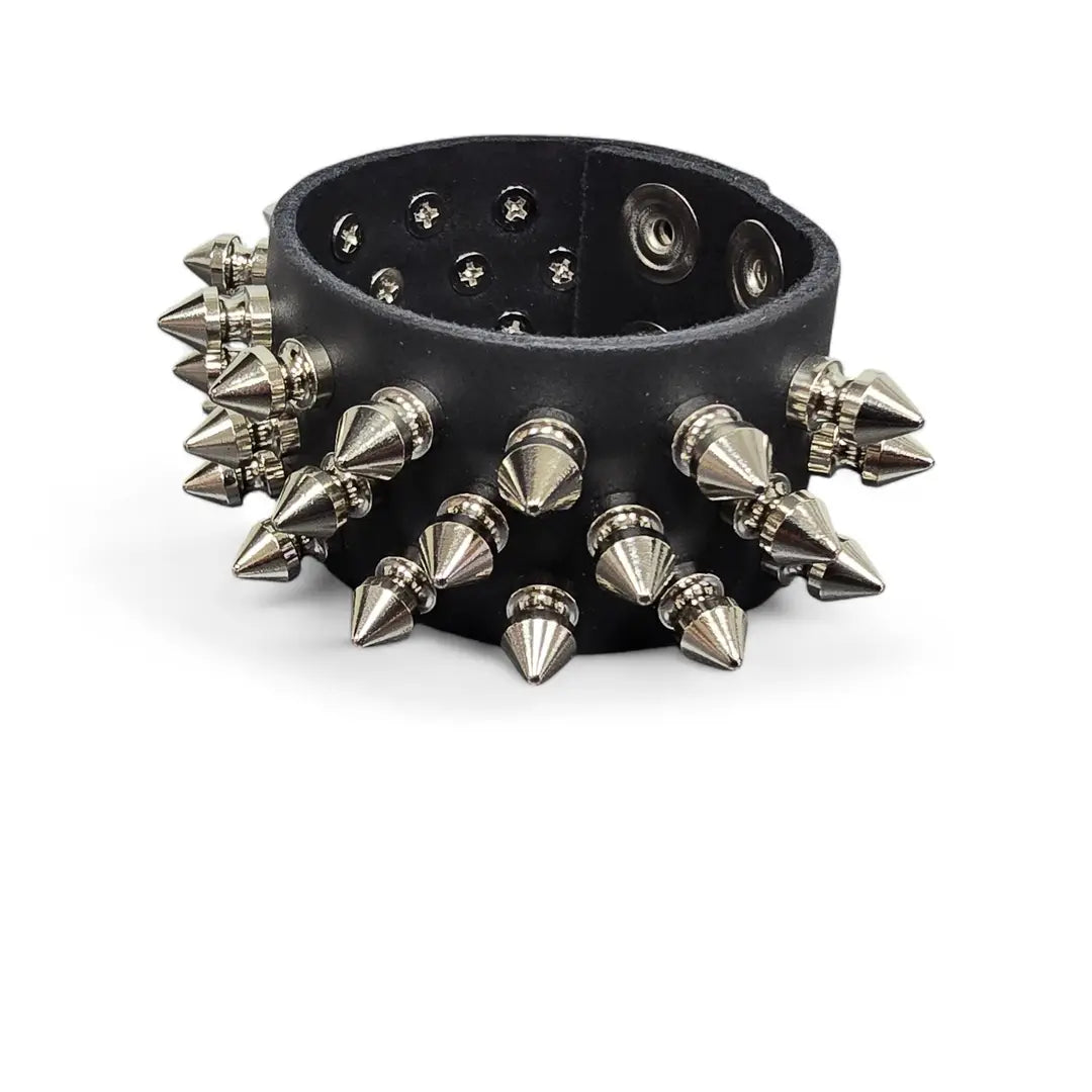 Three Row Spike Snap Bracelet, three-quarter angle with interior visible