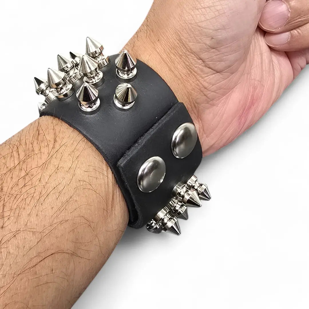 Three Row Spike Snap Bracelet, worn showing snap closure