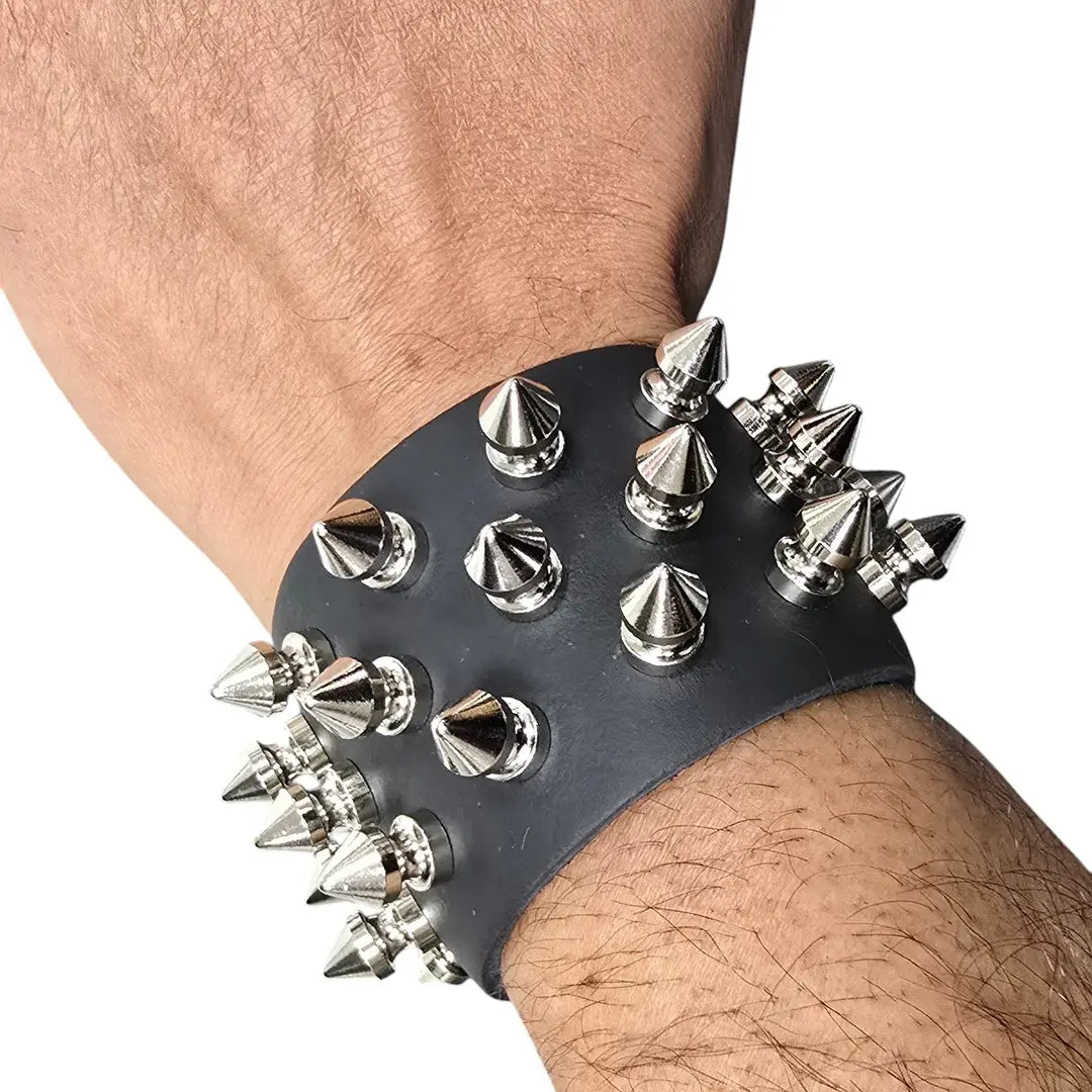 Three Row Spike Snap Bracelet, three-quarter worn angle
