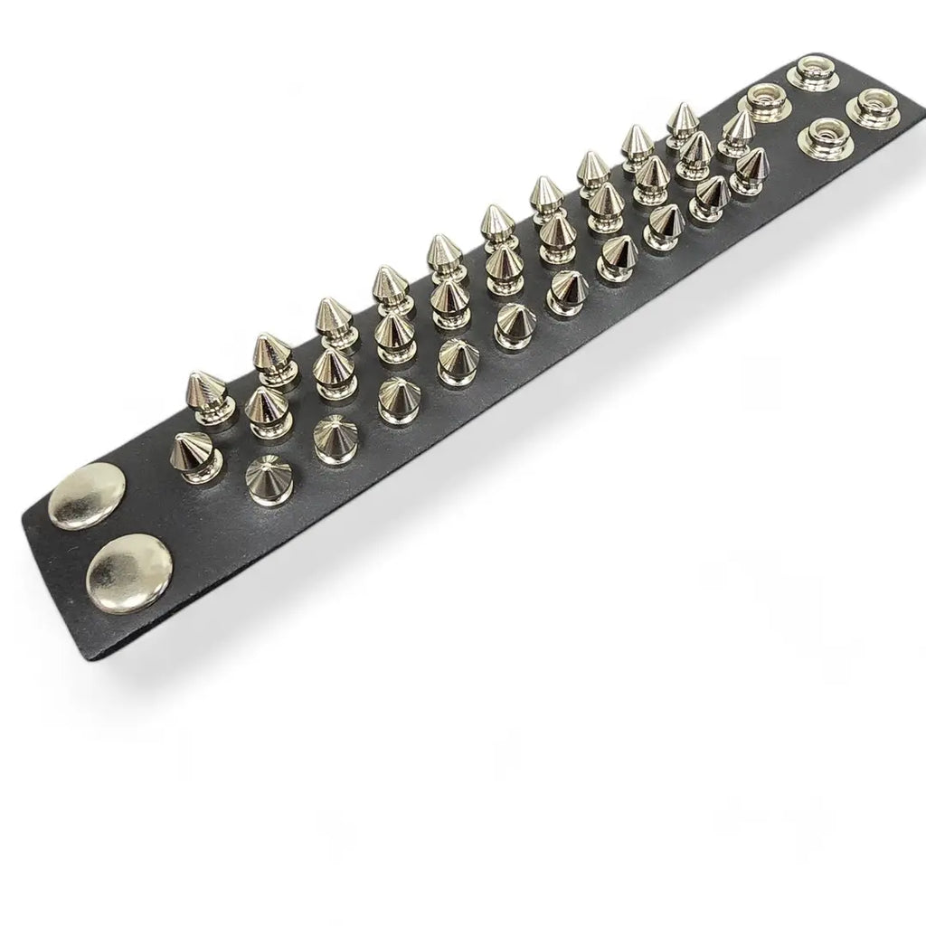 Three Row Spike Snap Bracelet, flat laid full length showing all 31 spikes