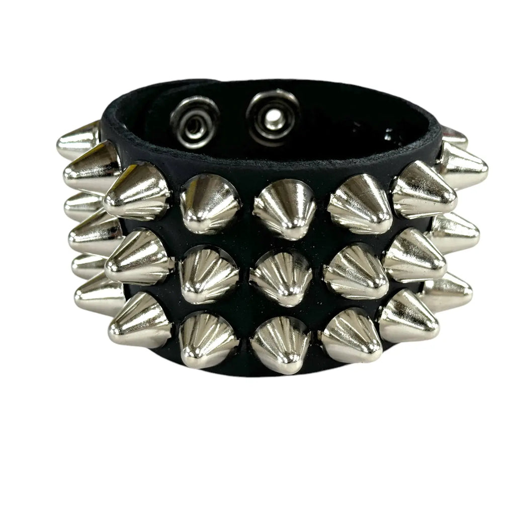 Three Row Large UK77 Tall Conehead Bracelet, front close-up of tall silver coneheads