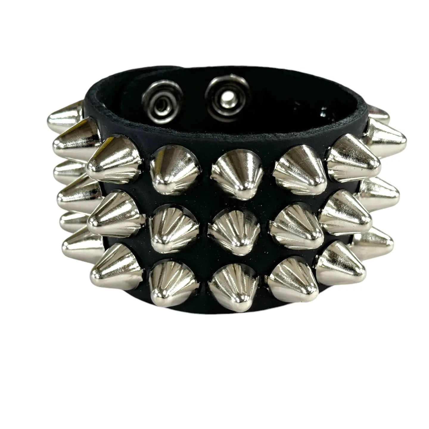 Three Row Large UK77 Tall Conehead Bracelet, front close-up of tall silver coneheads